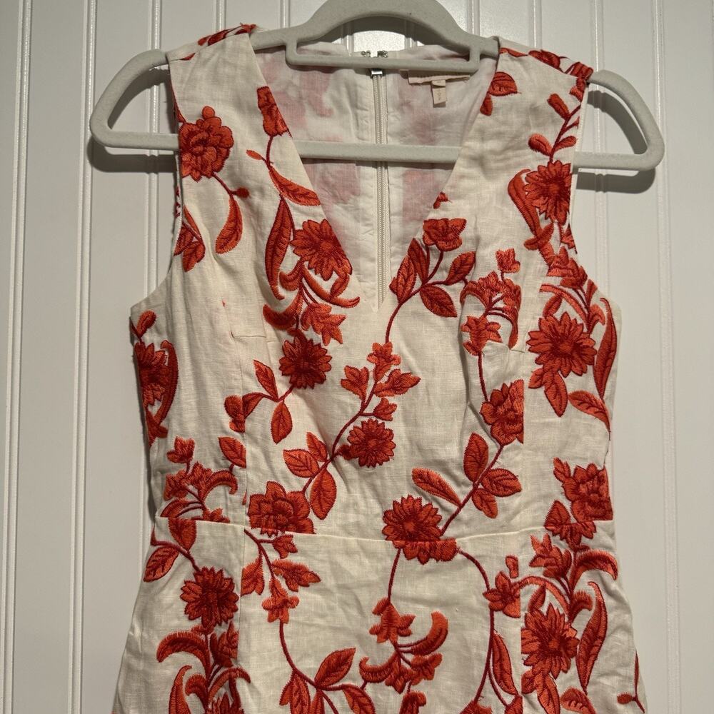 Rebecca Taylor Scarlet Floral Embroidered Ruffled Linen Dress Sleeveless Size 0 - Picture 3 of 7